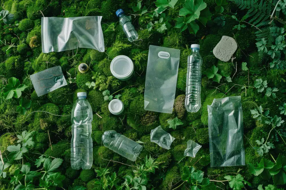 plastikowe opakowania na zielonym, trawiastym tle